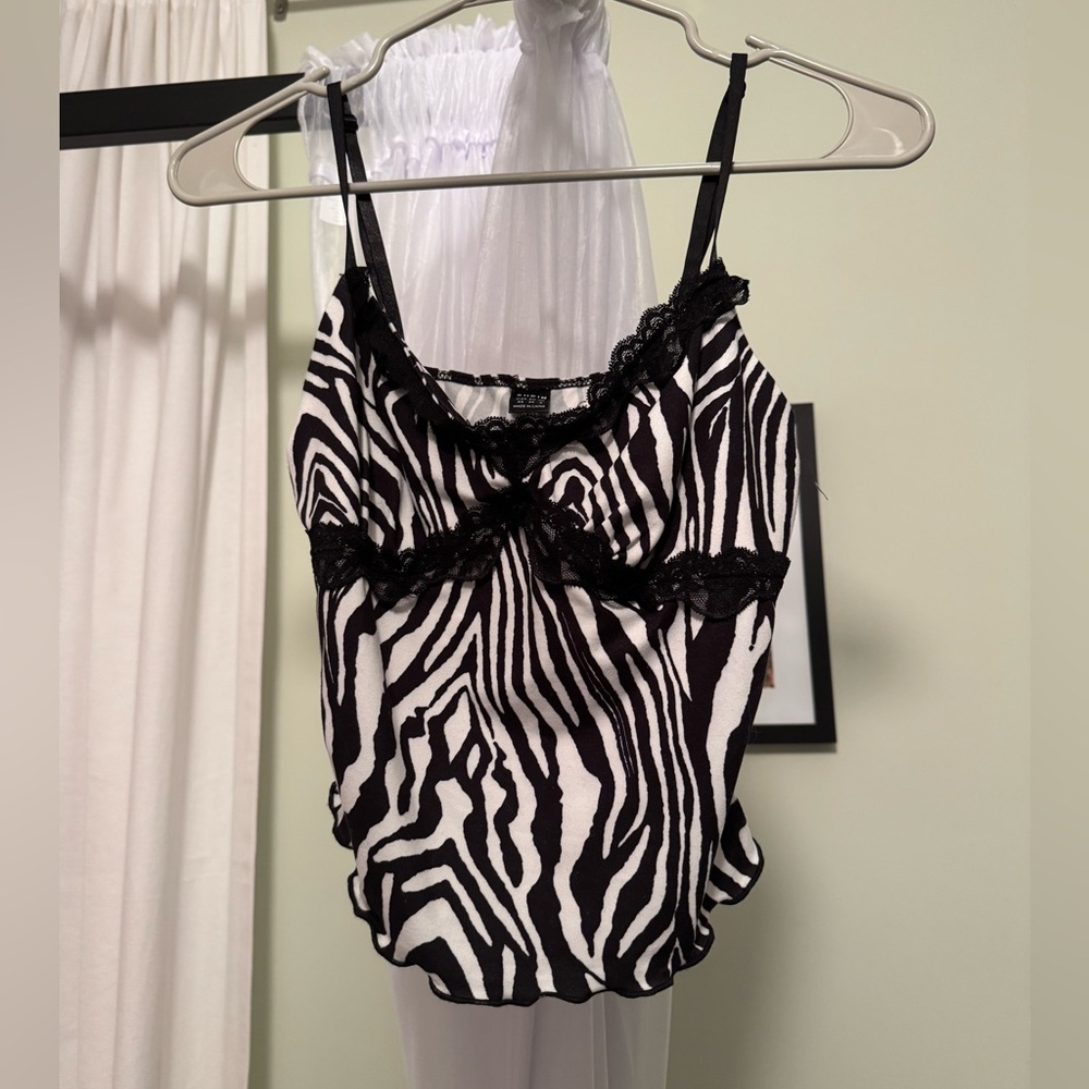 Black and white zebra print cami top with lace trim